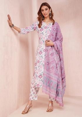 Purple Printed Cotton Kurta Dupatta Set