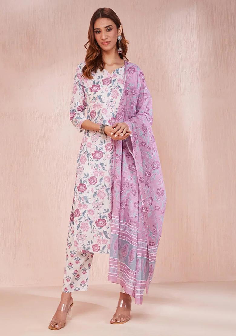 Purple Printed Cotton Kurta Dupatta Set - Indya