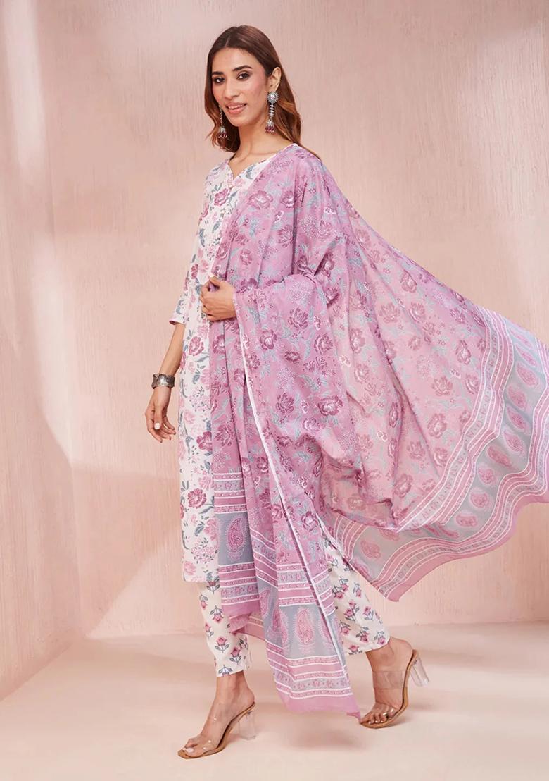 Purple Printed Cotton Kurta Dupatta Set - Indya