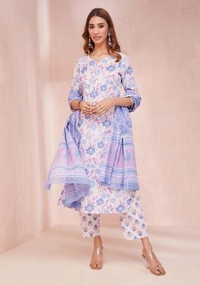 Violet Printed Cotton Kurta Dupatta Set
