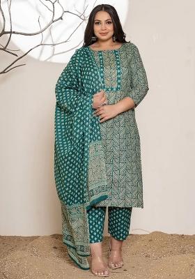 Teal Green Embroidered Cotton Kurta Dupatta Set