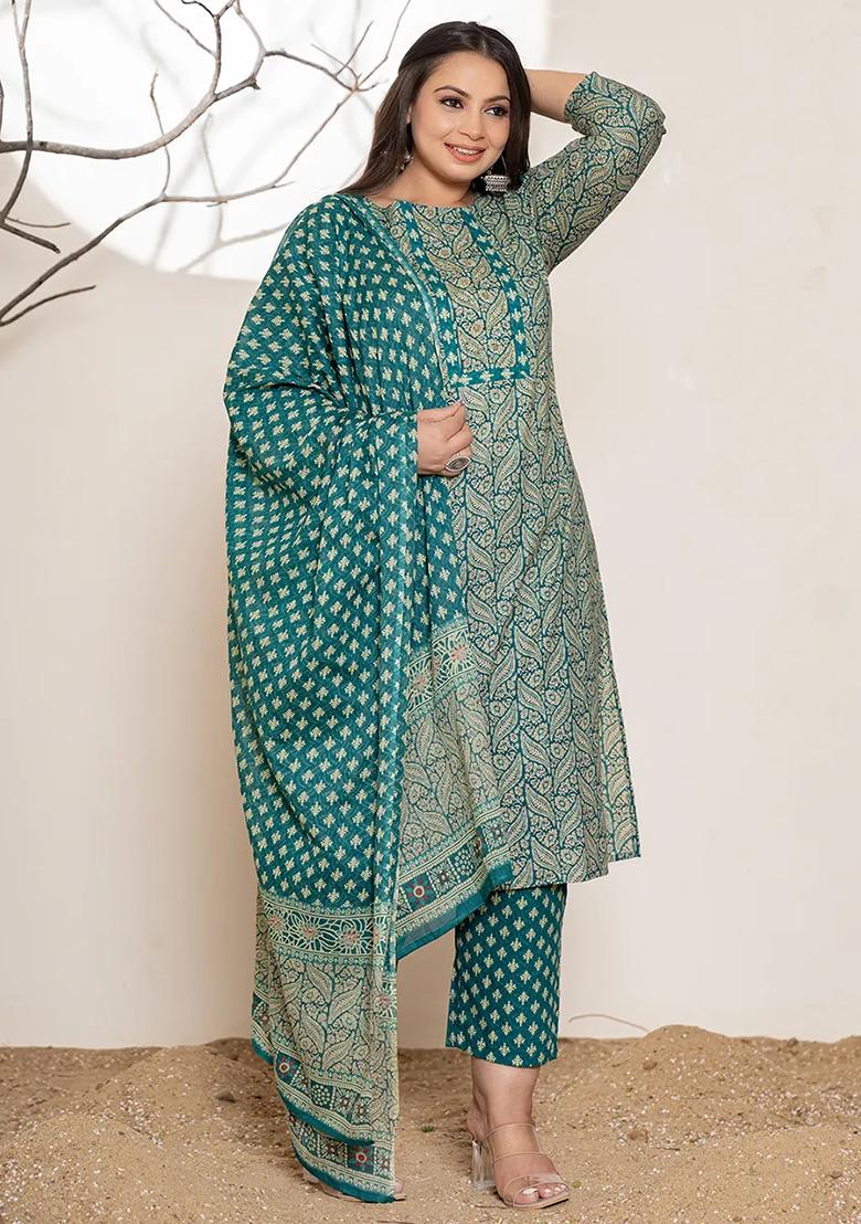Teal Green Embroidered Cotton Kurta Dupatta Set - Indya