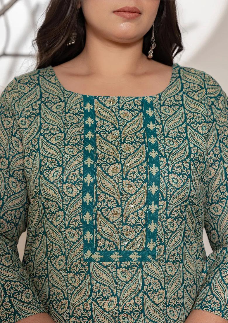 Teal Green Embroidered Cotton Kurta Dupatta Set - Indya