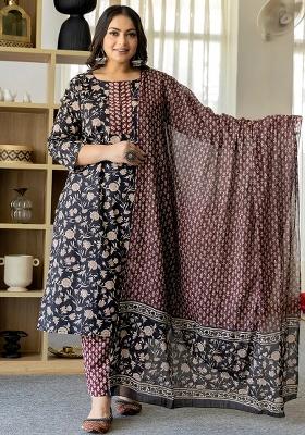 Black Printed Cotton Kurta Dupatta Set