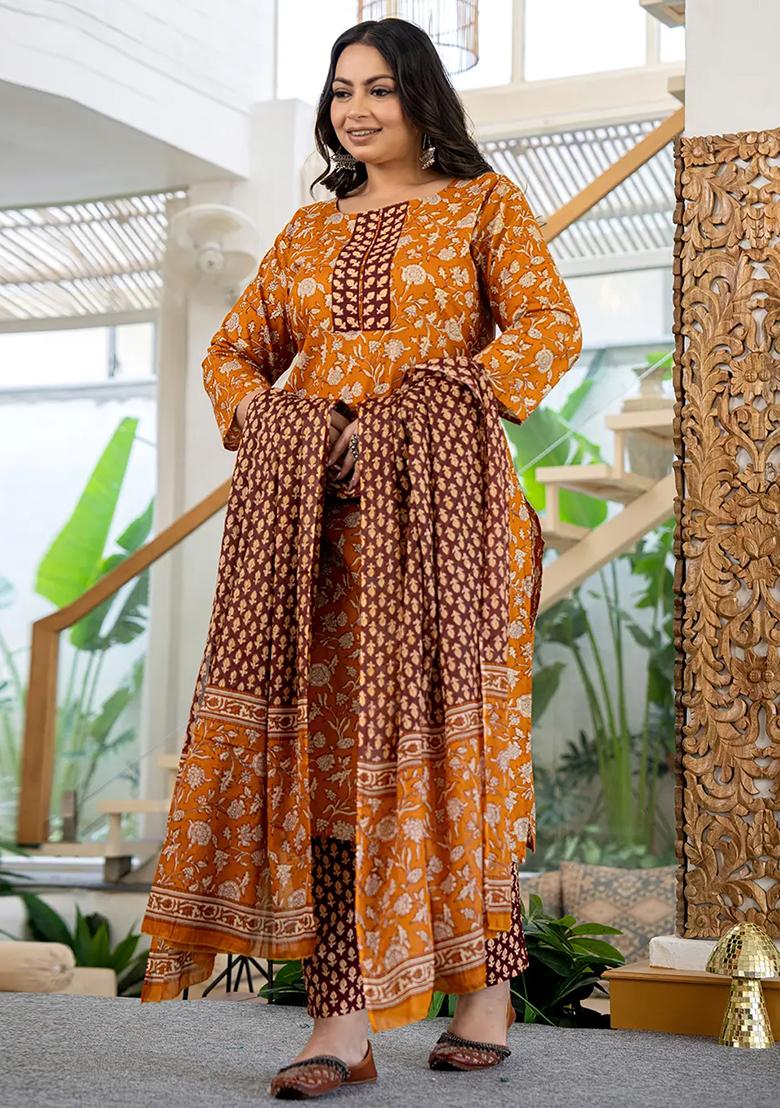 Mustard Printed Cotton Kurta Dupatta Set - Indya