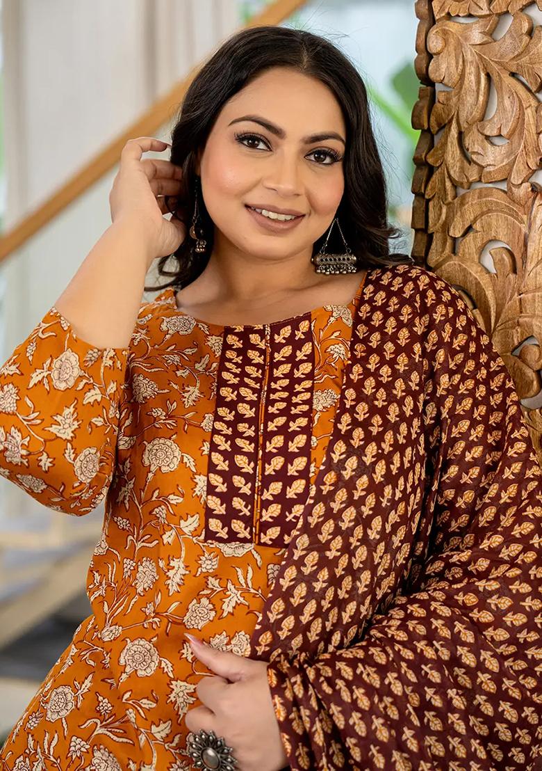Mustard Printed Cotton Kurta Dupatta Set - Indya