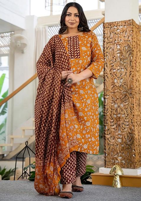 Mustard Printed Cotton Kurta Dupatta Set