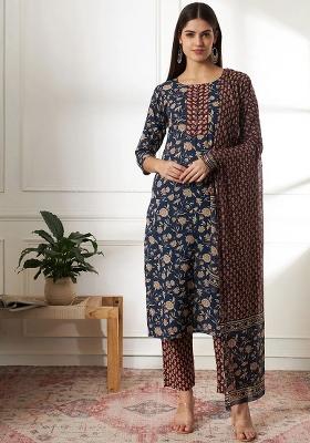 Blue Printed Cotton Kurta Dupatta Set