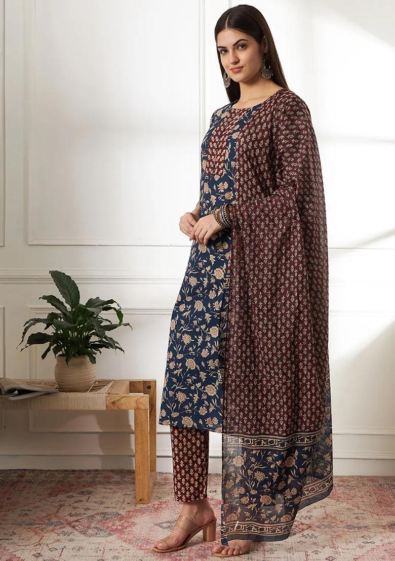 Blue Printed Cotton Kurta Dupatta Set - Indya
