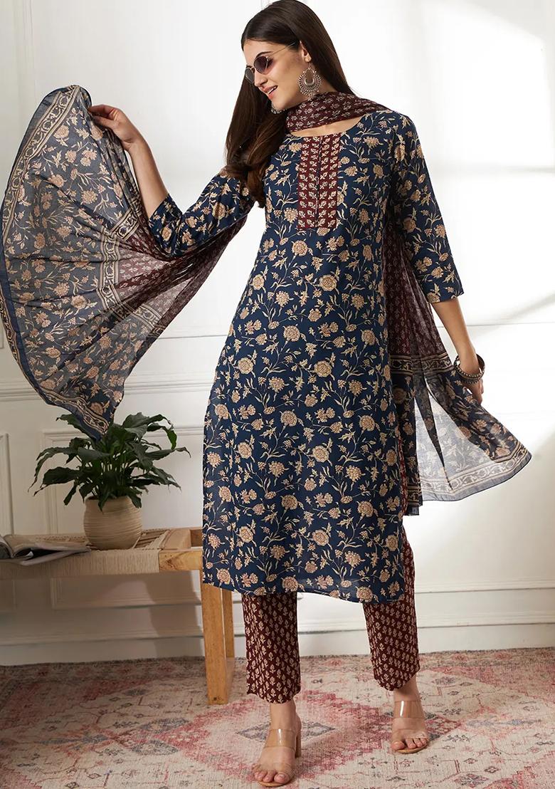Blue Printed Cotton Kurta Dupatta Set - Indya