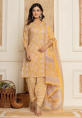 Yellow Printed Cotton Kurta Dupatta Set