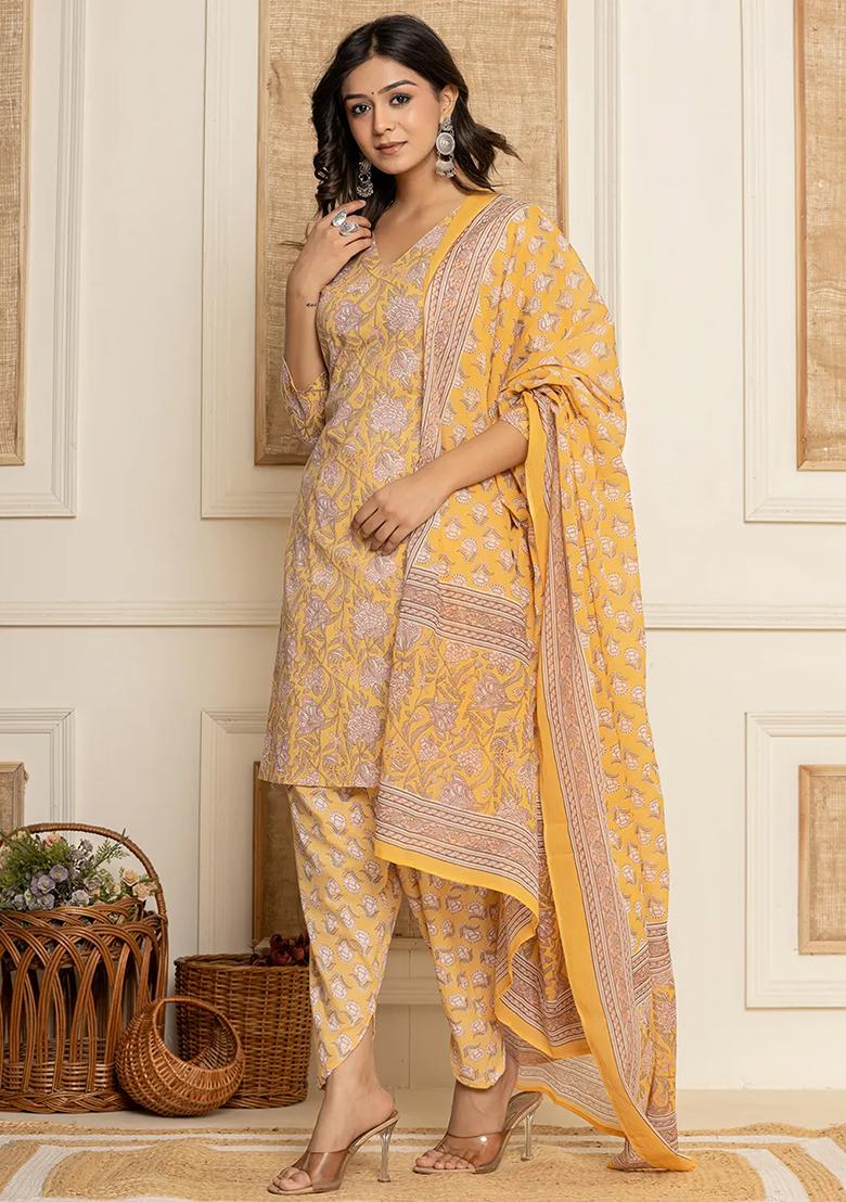 Yellow Printed Cotton Kurta Dupatta Set - Indya