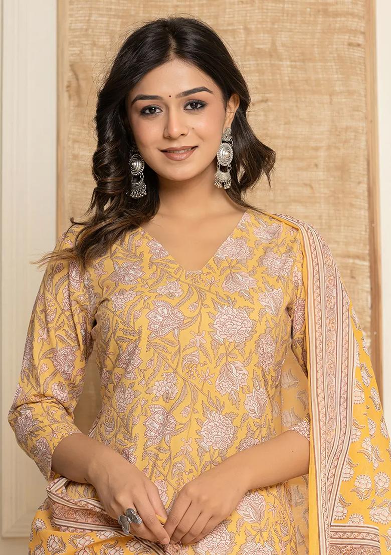 Yellow Printed Cotton Kurta Dupatta Set - Indya