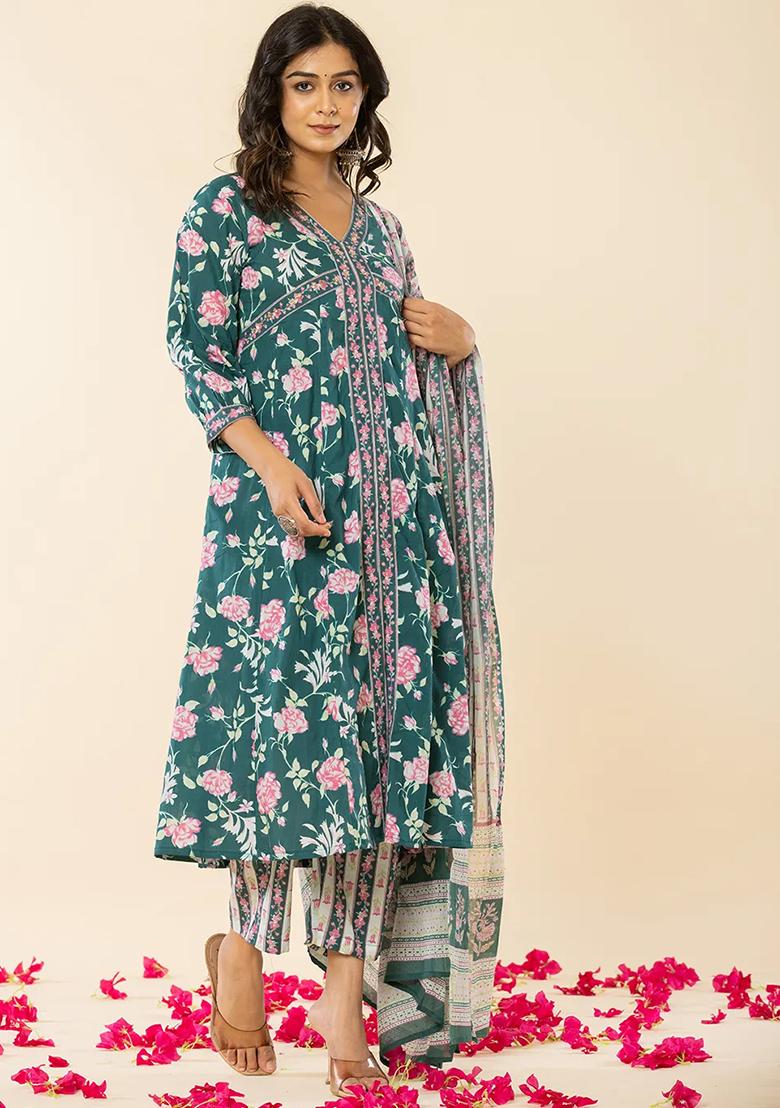 Green Sequins Work Cotton Kurta Dupatta Set - Indya