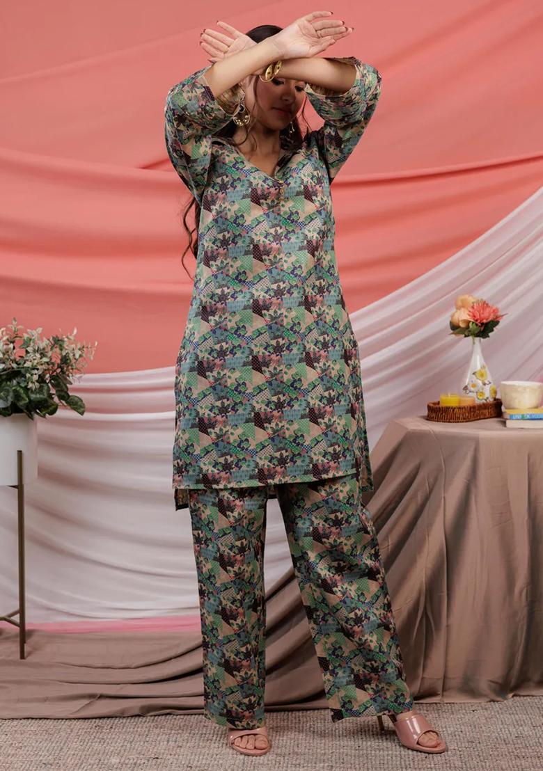 Green Printed Cotton Kurta Set - Indya