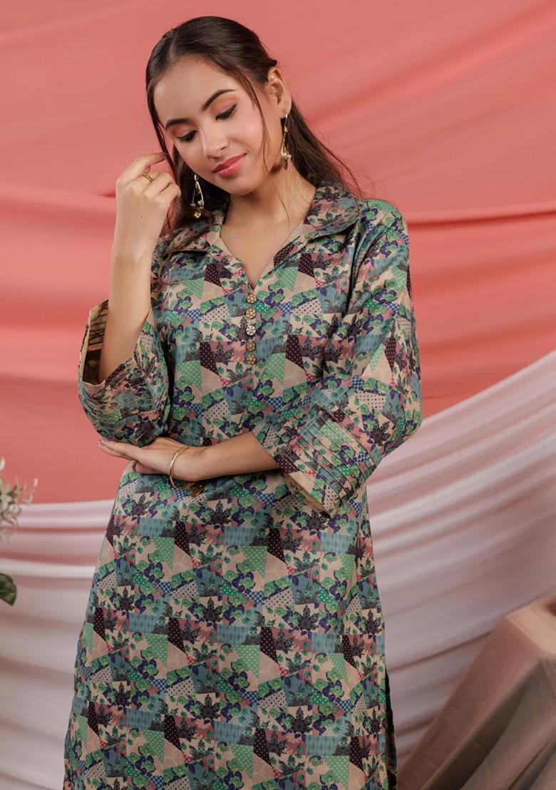 Green Printed Cotton Kurta Set - Indya