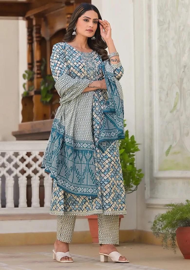 Blue Printed Cotton Kurta Dupatta Set - Indya