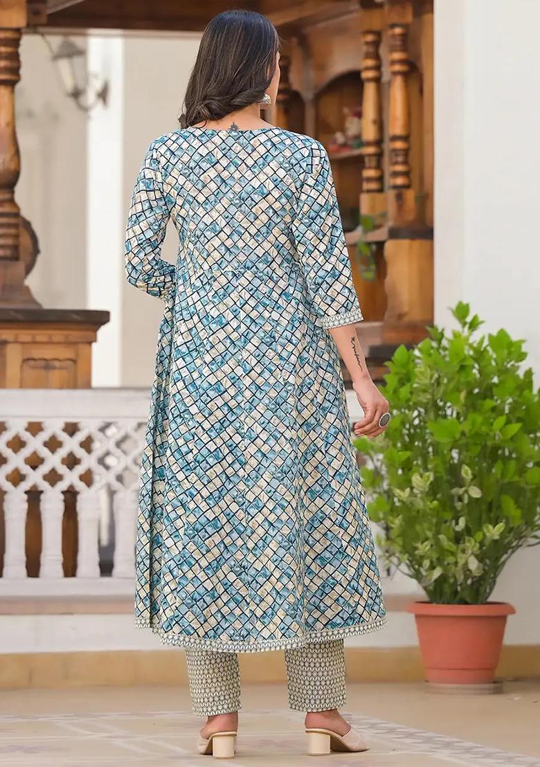 Blue Printed Cotton Kurta Dupatta Set - Indya