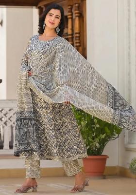Grey Printed Cotton Kurta Dupatta Set