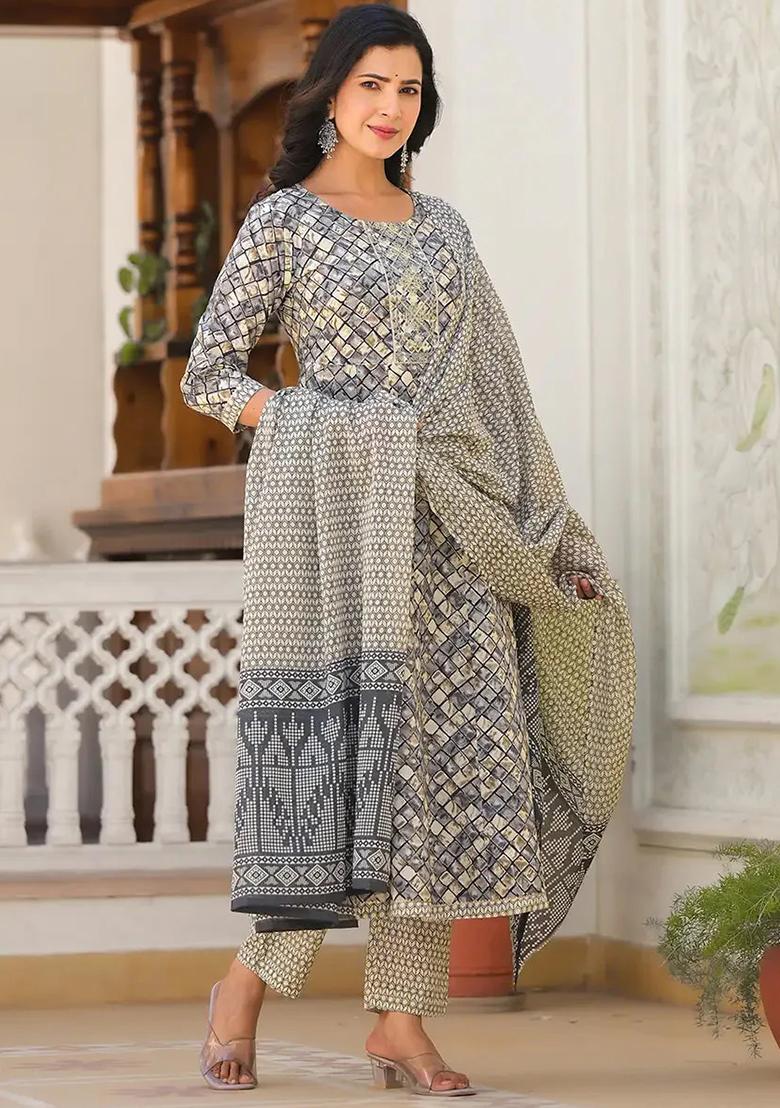 Grey Printed Cotton Kurta Dupatta Set - Indya