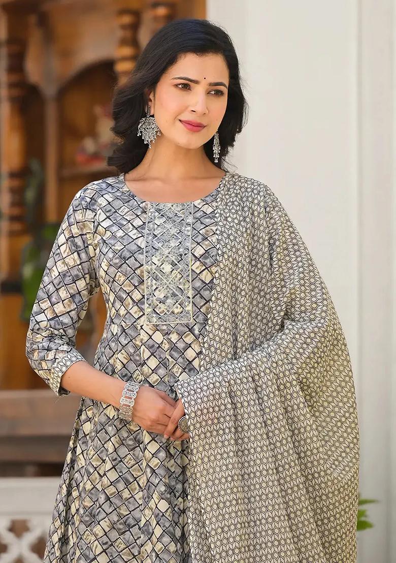 Grey Printed Cotton Kurta Dupatta Set - Indya