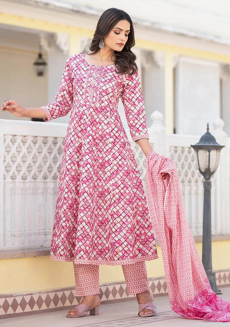 Purple Printed Cotton Kurta Dupatta Set - Indya