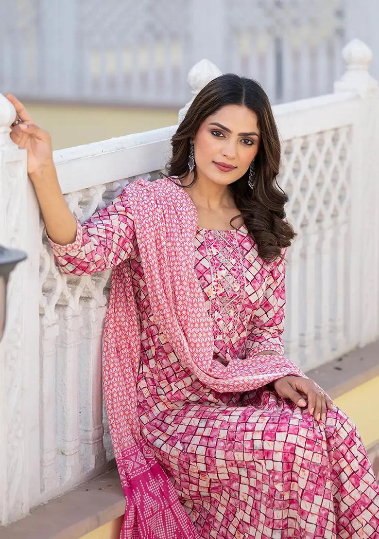 Purple Printed Cotton Kurta Dupatta Set - Indya