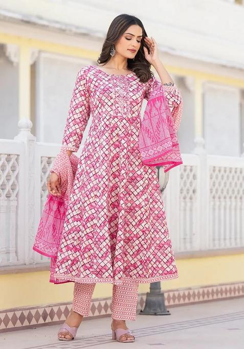 Purple Printed Cotton Kurta Dupatta Set