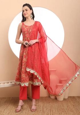 Red Motif Cotton Kurta Dupatta Set