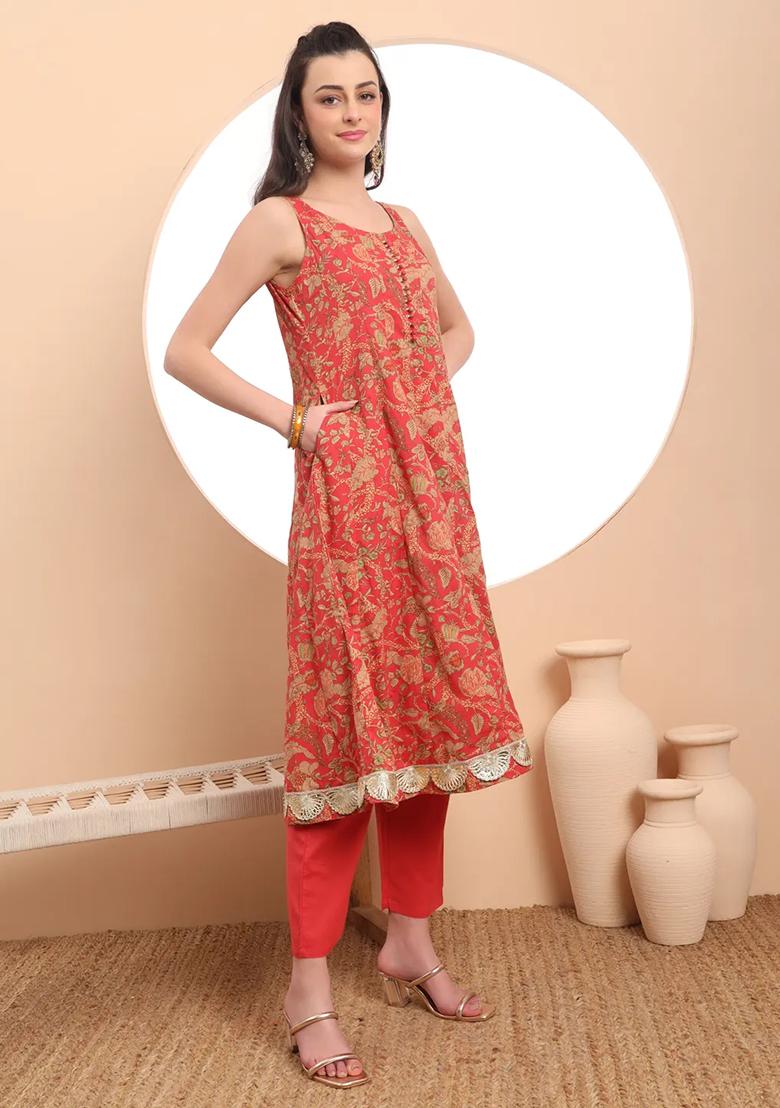 Red Motif Cotton Kurta Dupatta Set - Indya