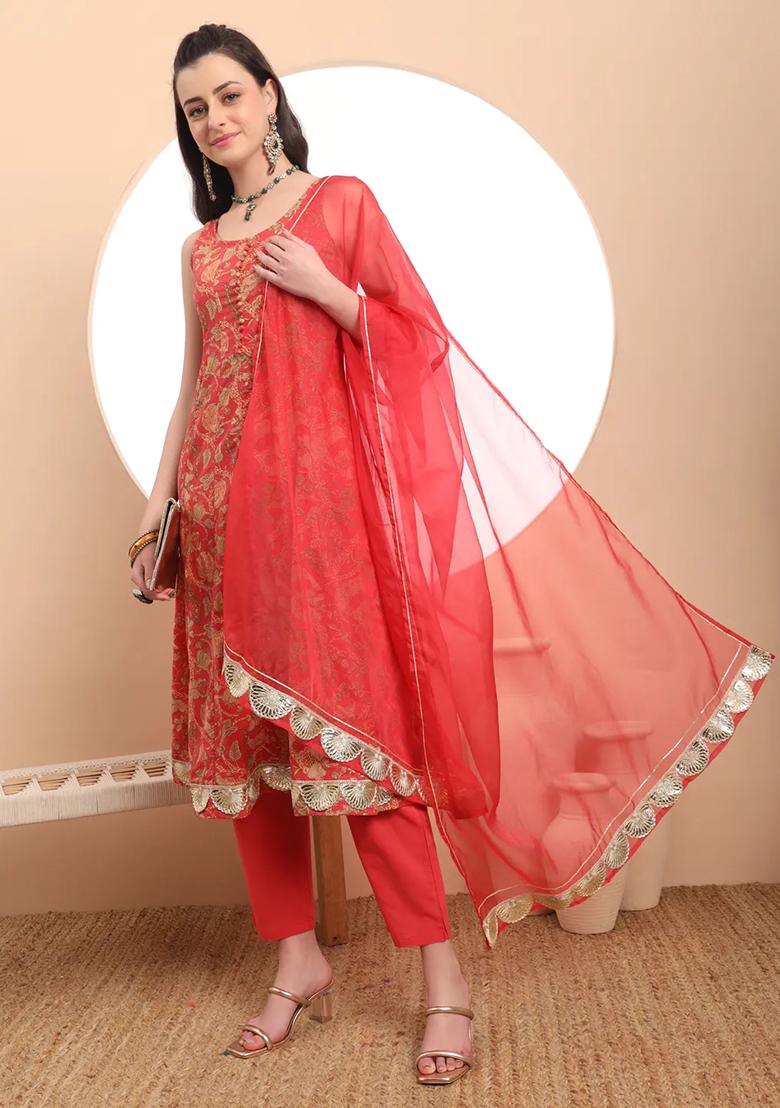 Red Motif Cotton Kurta Dupatta Set - Indya