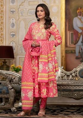 Pink Motif Cotton Kurta Dupatta Set