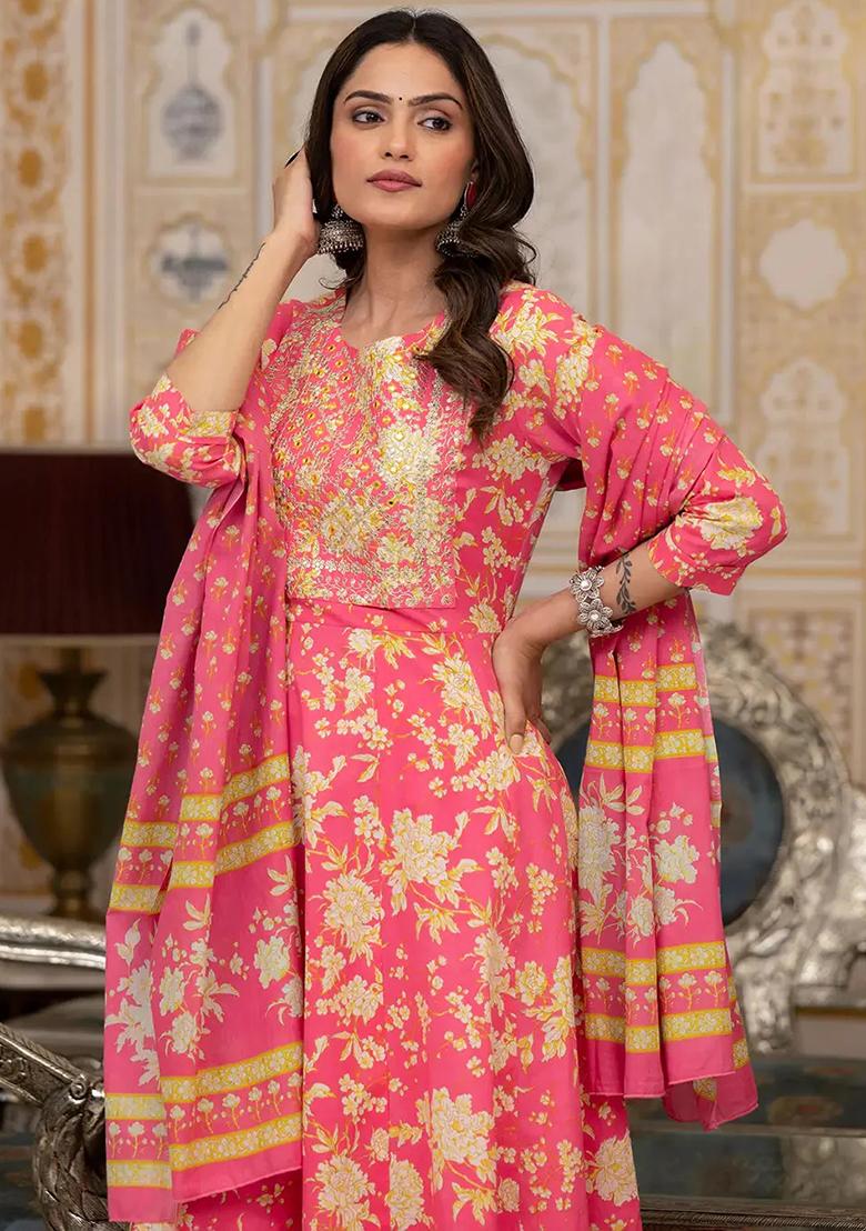 Pink Motif Cotton Kurta Dupatta Set - Indya