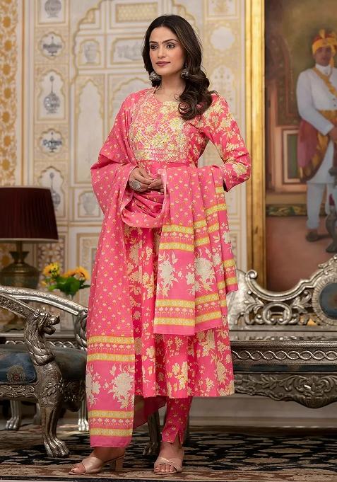 Pink Motif Cotton Kurta Dupatta Set