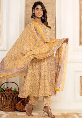 Mustard Motif Cotton Kurta Dupatta Set