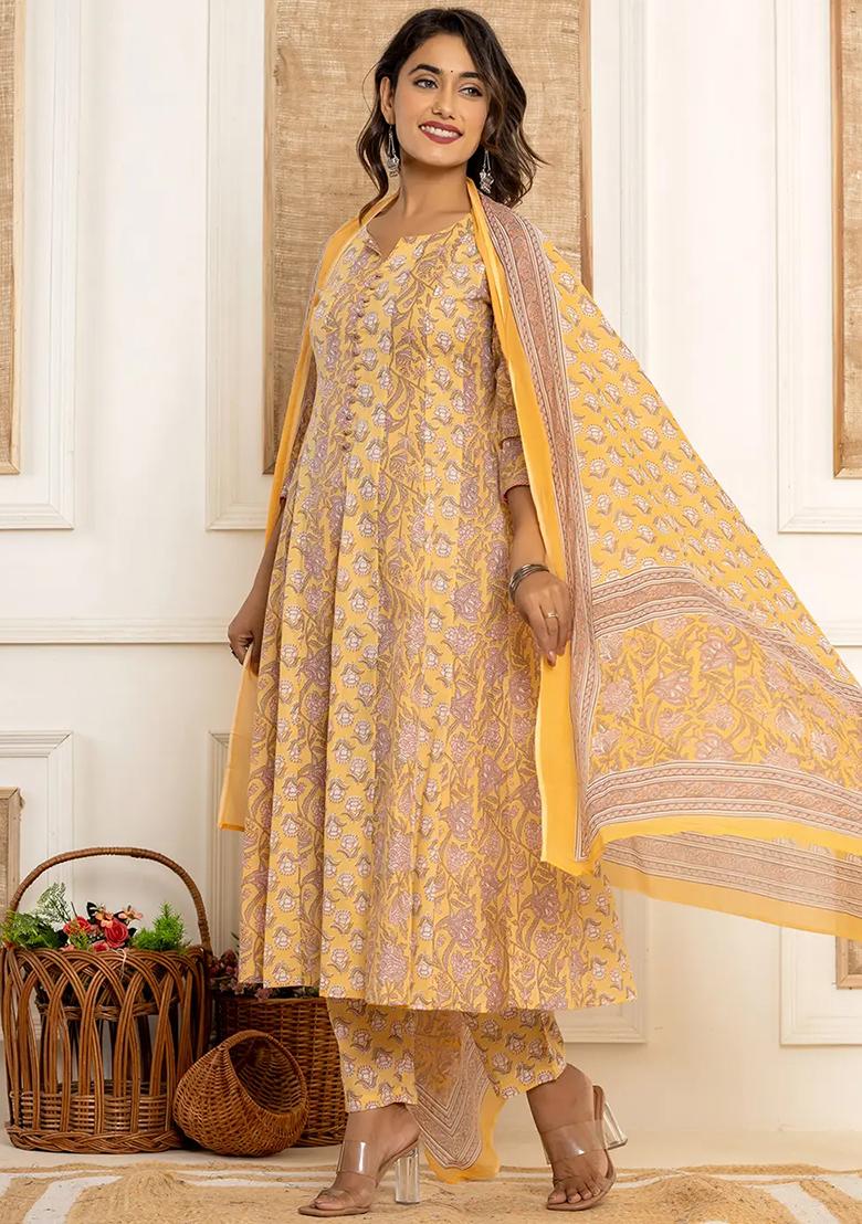 Mustard Motif Cotton Kurta Dupatta Set - Indya