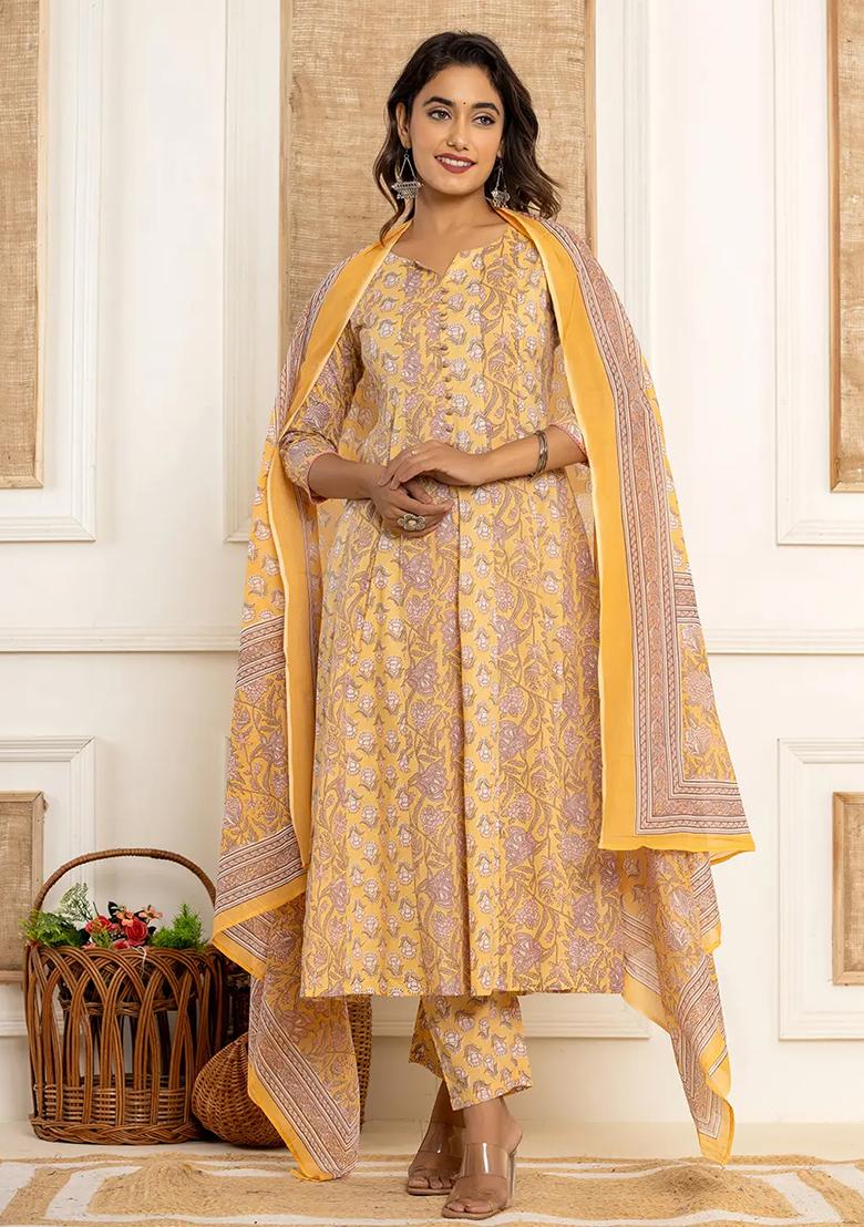 Mustard Motif Cotton Kurta Dupatta Set - Indya
