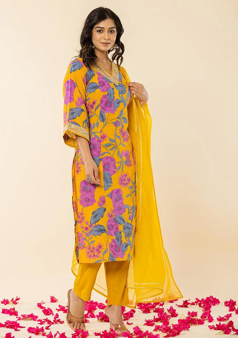 Mustard Motif Cotton Kurta Dupatta Set - Indya