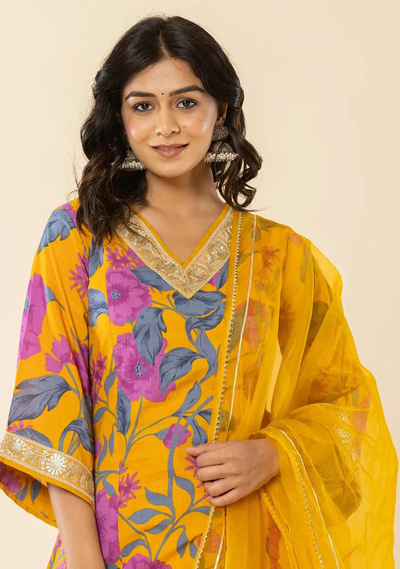 Mustard Motif Cotton Kurta Dupatta Set - Indya