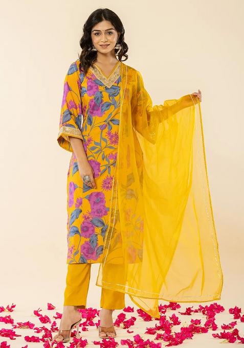 Mustard Motif Cotton Kurta Dupatta Set