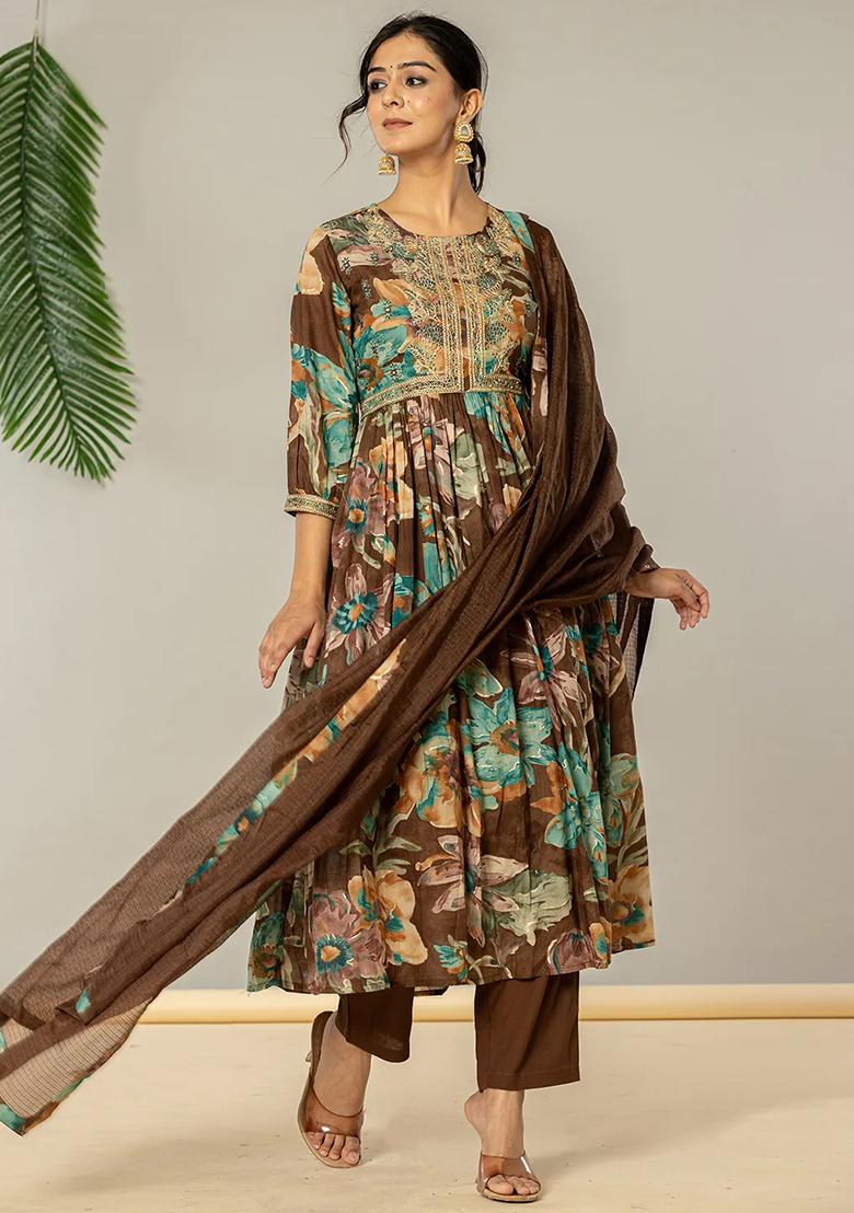 Brown Printed Cotton Kurta Dupatta Set - Indya