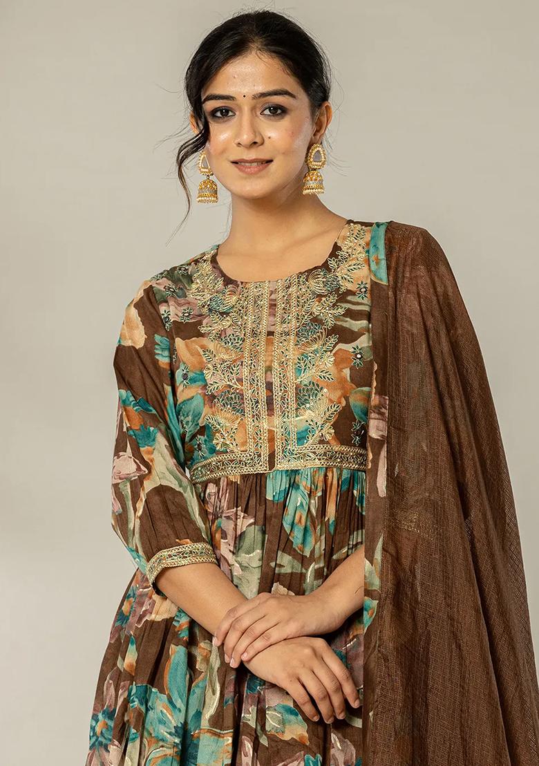 Brown Printed Cotton Kurta Dupatta Set - Indya