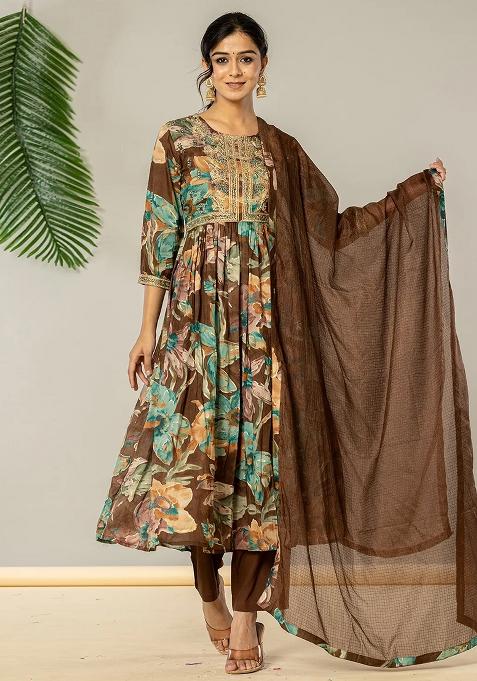Brown Printed Cotton Kurta Dupatta Set