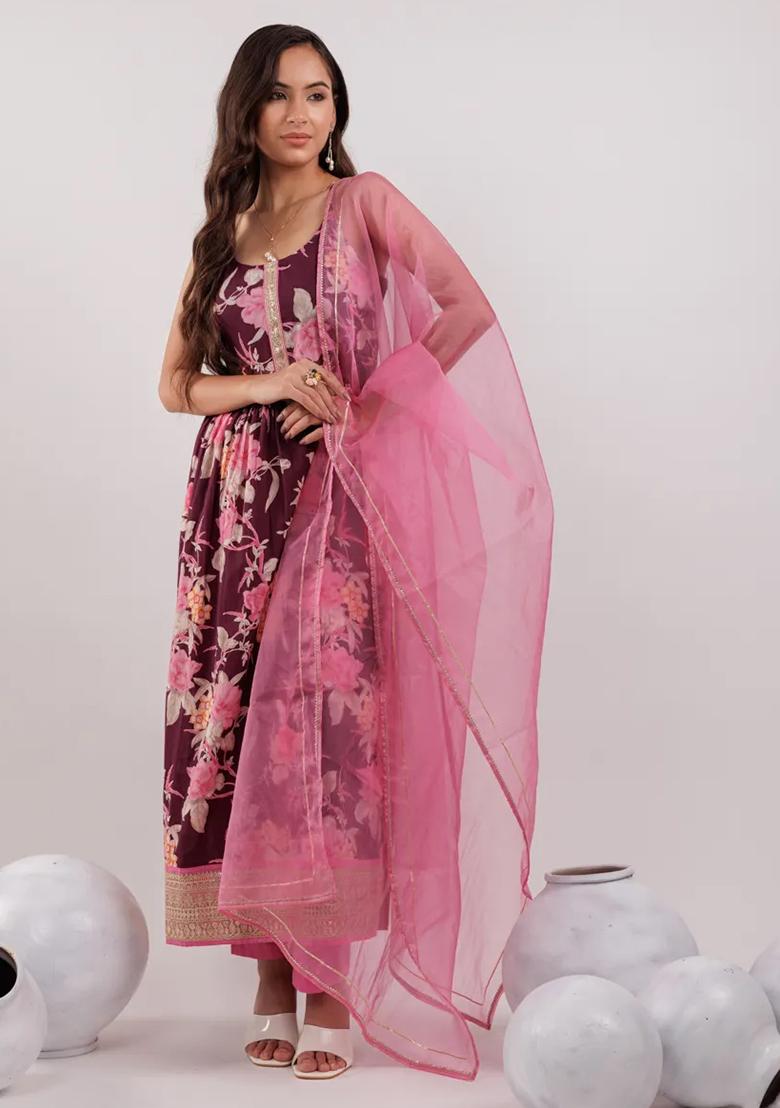 Burgundy Printed Cotton Kurta Dupatta Set - Indya