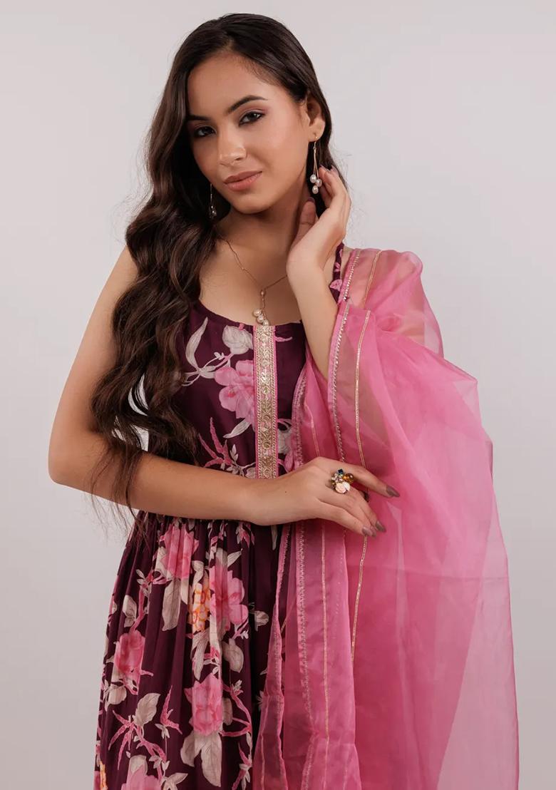 Burgundy Printed Cotton Kurta Dupatta Set - Indya