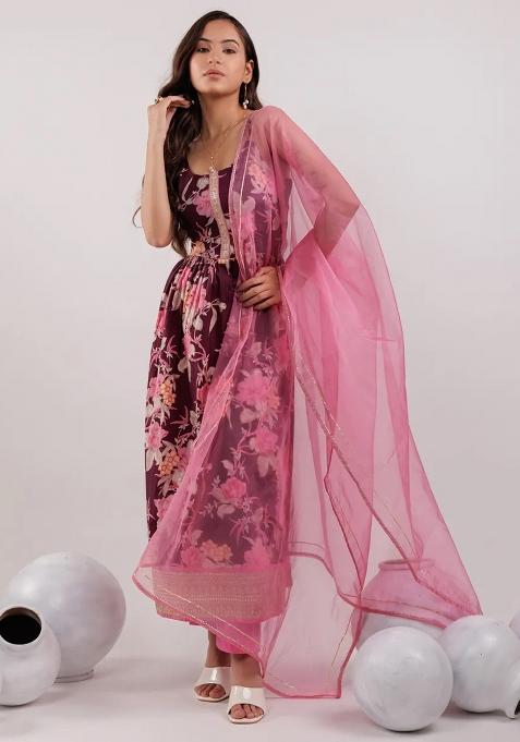 Burgundy Printed Cotton Kurta Dupatta Set