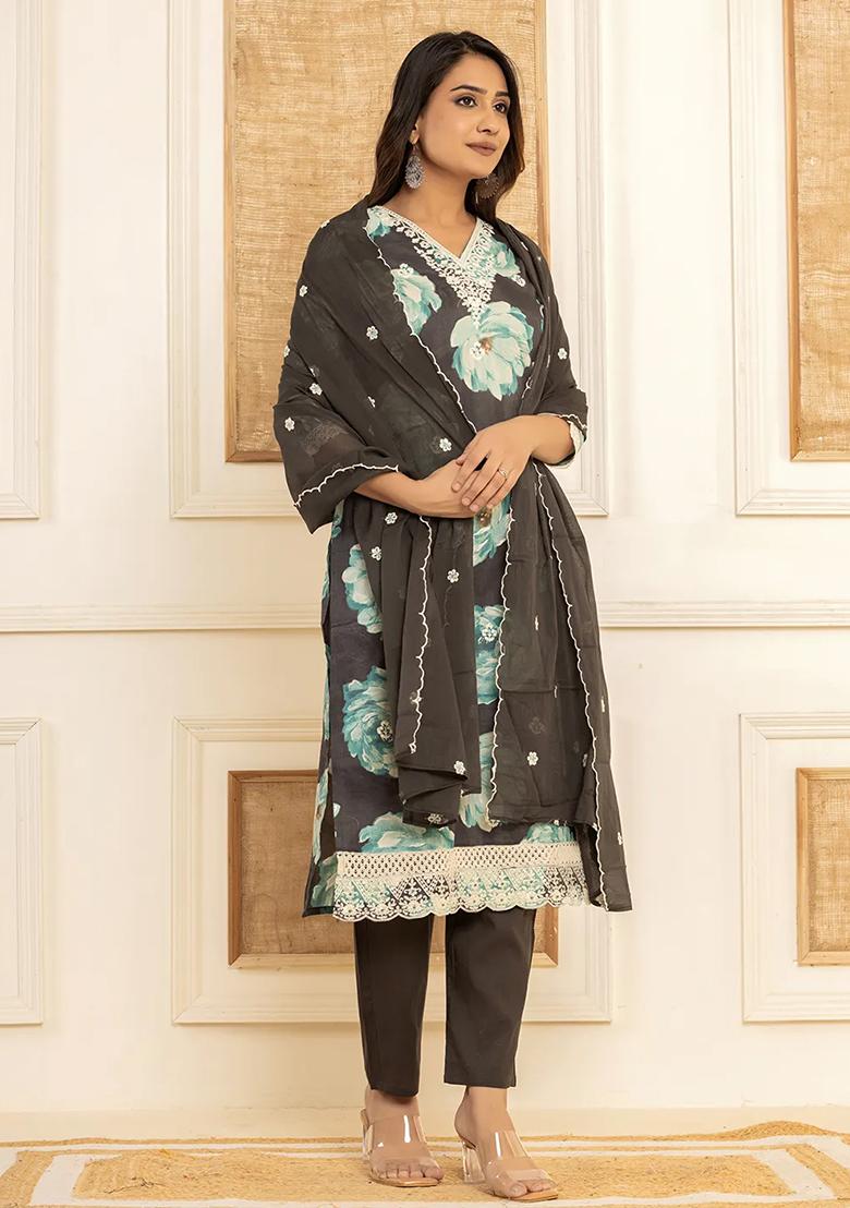 Black Printed Cotton Kurta Dupatta Set - Indya