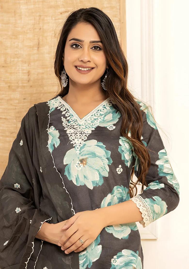 Black Printed Cotton Kurta Dupatta Set - Indya