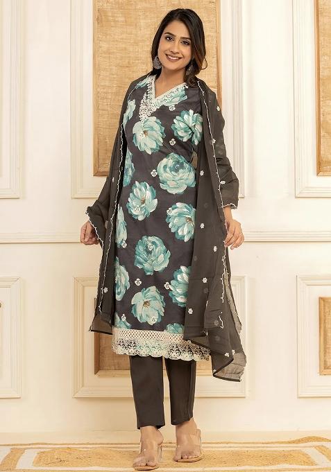 Black Printed Cotton Kurta Dupatta Set