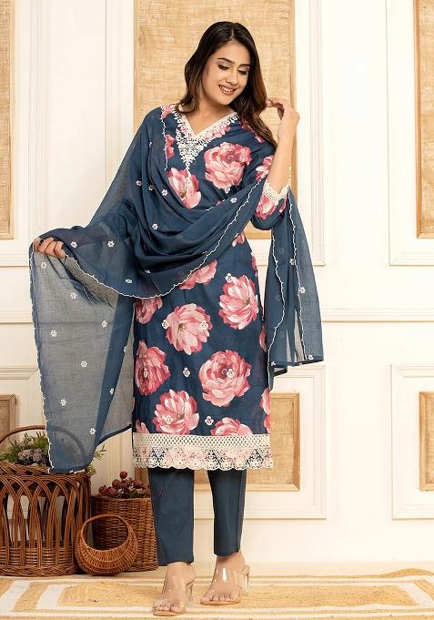 Purple Printed Cotton Kurta Dupatta Set — view on Indya